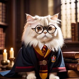 persian cat as harry potter, with glasses and hogwarts setting, capturing the magical and epic essence.