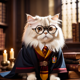 persian cat as harry potter, with glasses and hogwarts setting, capturing the magical and epic essence.