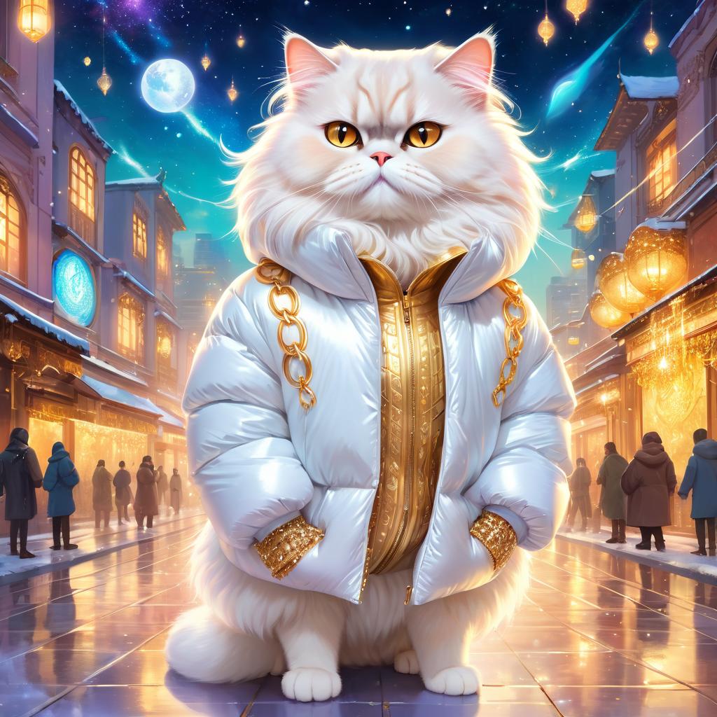 persian cat in a white puffer coat with golden hip hop chains, in a posh urban environment, looking cute and happy.