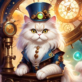 persian cat in a steampunk style, cute and happy, with a magical and painterly quality.