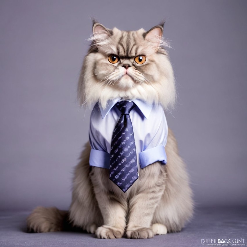 persian cat in a stylish shirt and tie, with a diffused background, capturing their cute and professional side.