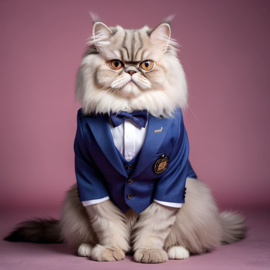 persian cat in a stylish suit, posing against a diffused background, looking cute and professional.