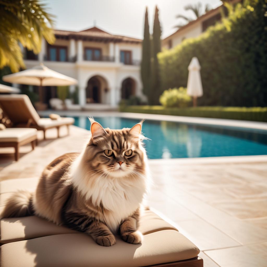 persian cat suntanning next to a luxurious villa pool, capturing a posh and happy moment.