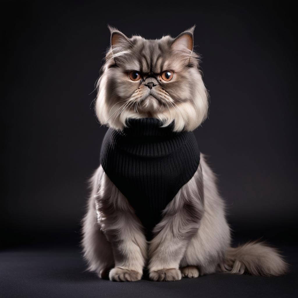 persian cat in a black turtleneck, against a diffused background, looking cute and elegant.