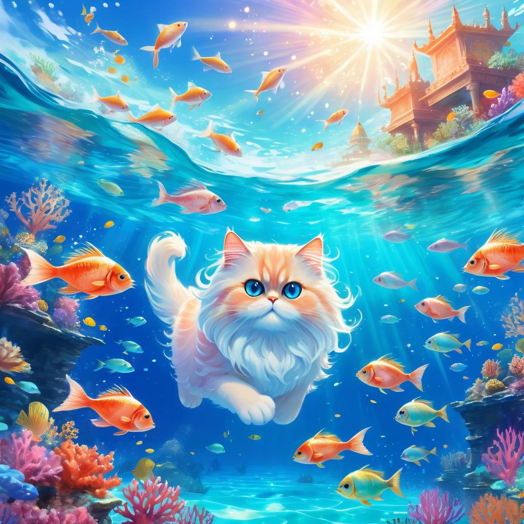 persian cat swimming in a magical blue ocean with colorful fish and coral reef, capturing a dreamy and adventurous underwater scene.