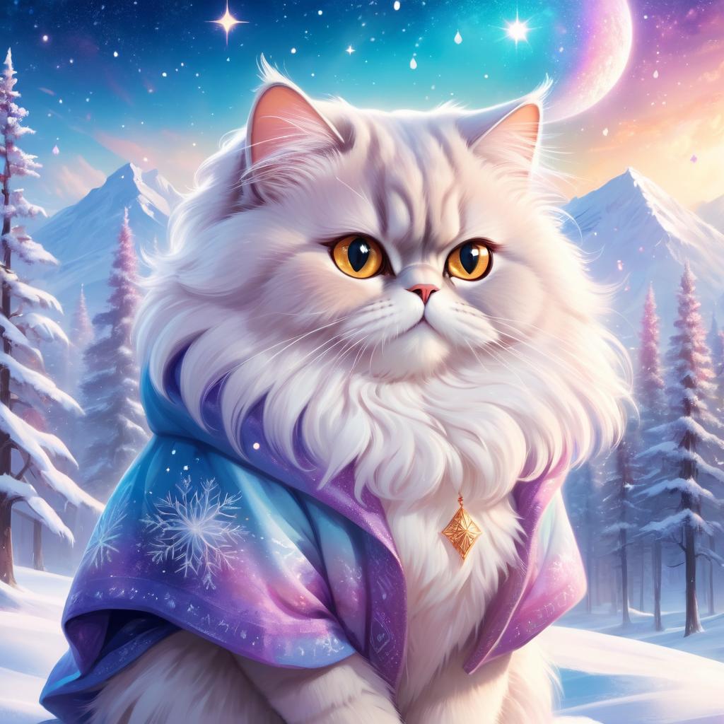 persian cat in a winter scene, wearing stylish winter clothing, looking cute and happy.