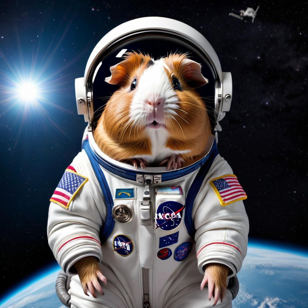 peruvian guinea pig as astronaut in space, wearing spacesuit, highly detailed and lifelike.