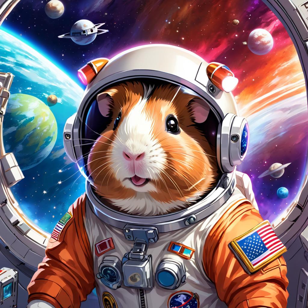 anime illustration of peruvian guinea pig as astronaut in space, wearing spacesuit, vibrant and detailed.