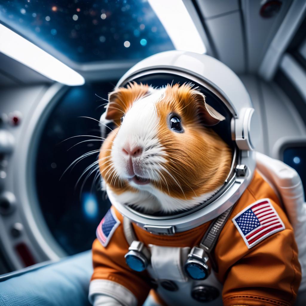 peruvian guinea pig as astronaut in space, wearing spacesuit, with spacestation background.