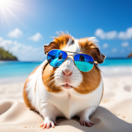 peruvian guinea pig on a beautiful beach with white sand and blue sea, wearing sunglasses.