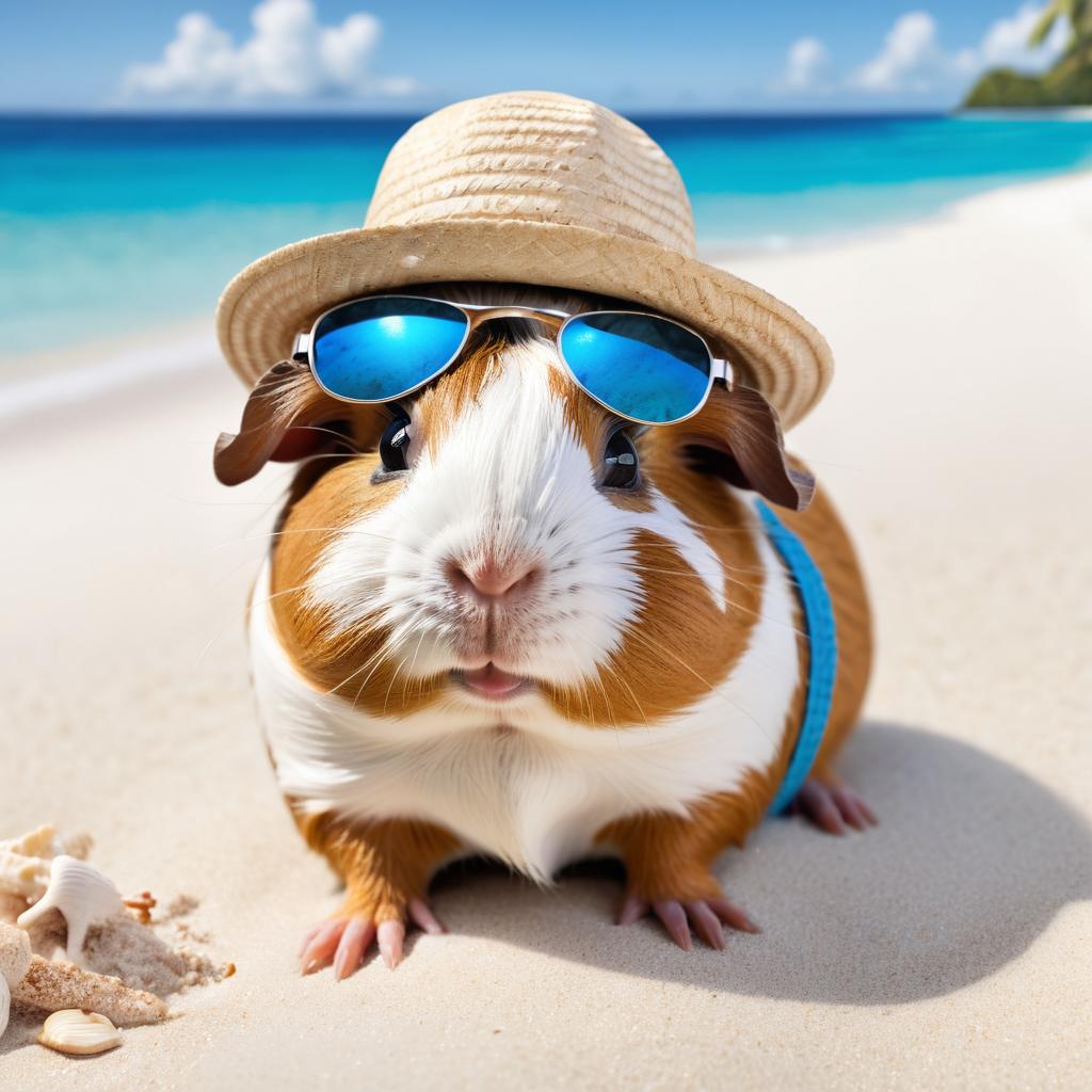 peruvian guinea pig on a beach with white sand and blue sea, wearing sunglasses and summer hat.