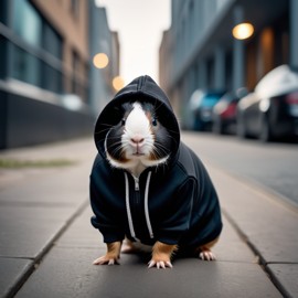 peruvian guinea pig in a black hoodie, set against a modern urban backdrop, emphasizing a stylish and trendy look.