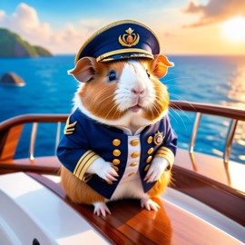 peruvian guinea pig as a captain on a luxury yacht, wearing captain uniform, ethereal and majestic.