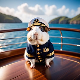 peruvian guinea pig as a captain on a luxury yacht, wearing captain uniform, against a blue sea.