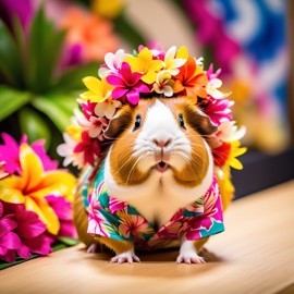 peruvian guinea pig strutting down the fashion show catwalk stage in a vibrant hawaiian shirt and a floral lei, high energy and joyful.