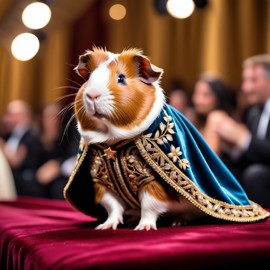 peruvian guinea pig strutting down the fashion show catwalk stage in a luxurious velvet cape with gold embroidery, high energy and majestic.