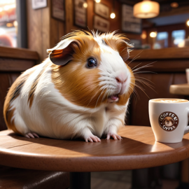 peruvian guinea pig sitting in a cozy coffee shop, lifelike and detailed.