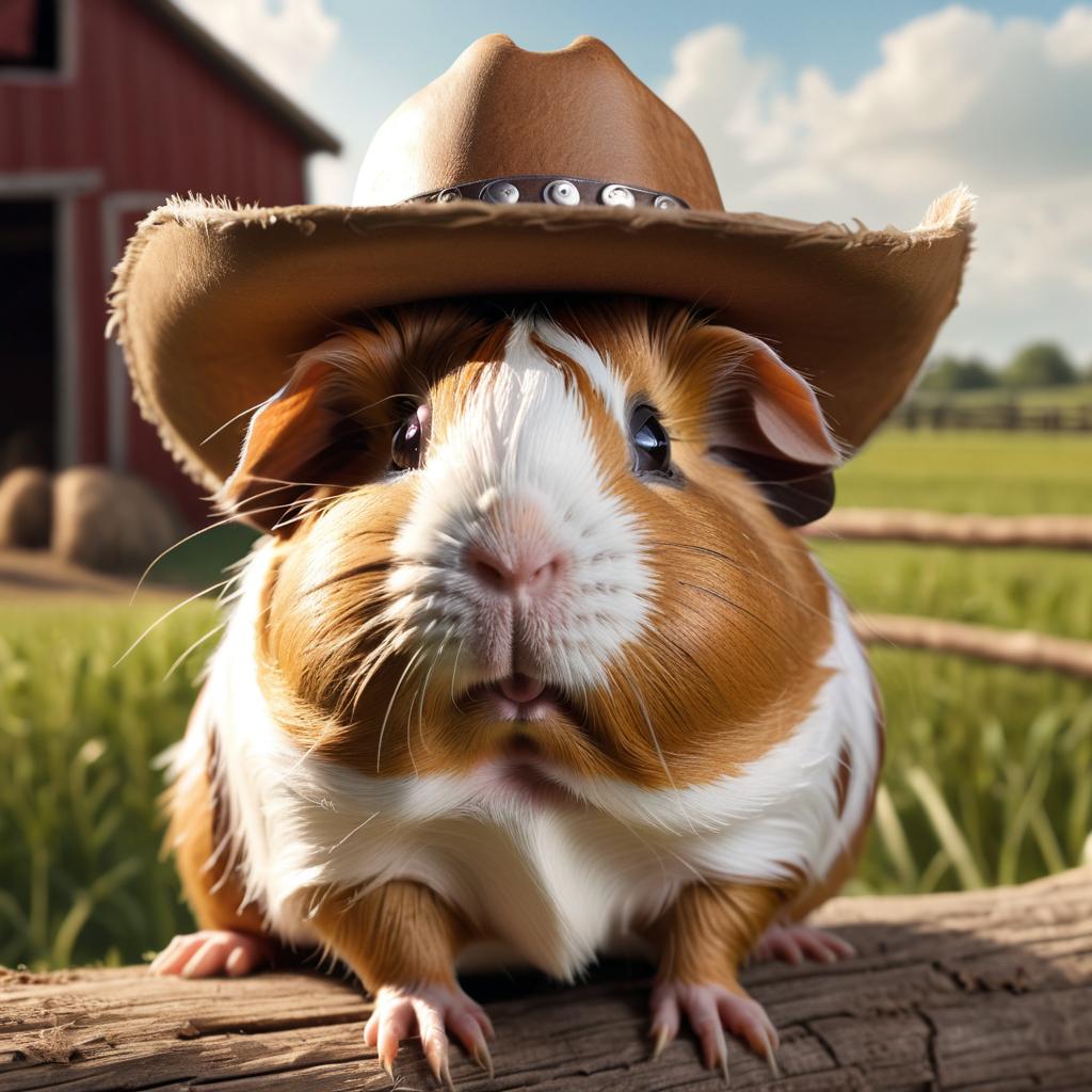 peruvian guinea pig as a cowboy wearing a hat, in the midwest countryside, on a farm.