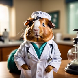 peruvian guinea pig as a doctor in an office, detailed and charming, with high budget, bokeh, and a moody atmosphere.