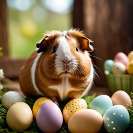 peruvian guinea pig in a beautiful easter setting with colorful eggs, highly detailed and charming.