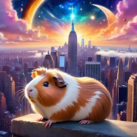 peruvian guinea pig in new york depicted in ethereal fantasy art, with a magical and celestial backdrop.