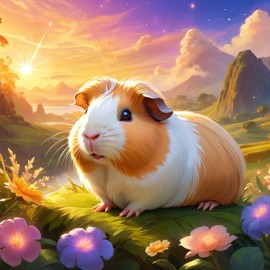 peruvian guinea pig during golden hour, with a celestial and magical atmosphere, capturing their beauty in a dreamy setting.