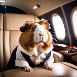 peruvian guinea pig in a gulfstream private jet, dressed in elegant clothing, capturing a posh and happy moment.