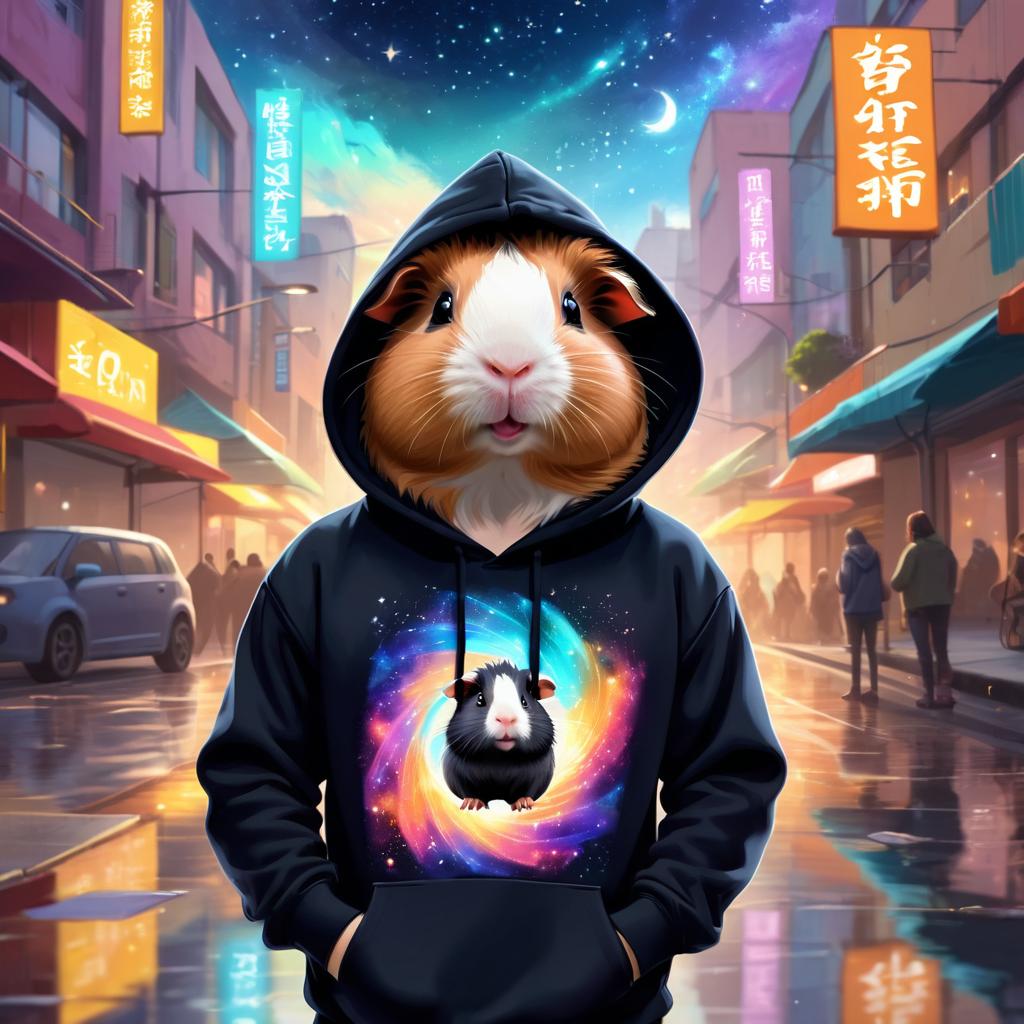 peruvian guinea pig in a black hoodie, set in a magical urban environment with a celestial and cute appearance.