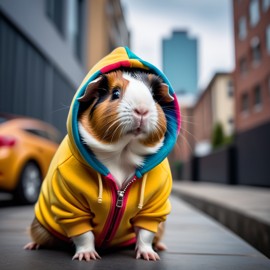 peruvian guinea pig in a colorful hoodie, set in a modern urban environment with a stylish and trendy vibe.