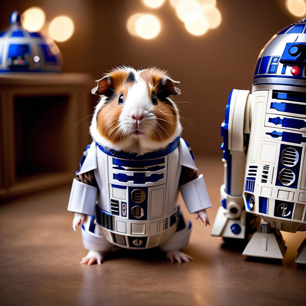 peruvian guinea pig as r2d2 from star wars, dressed as r2d2 in a detailed star wars scene.