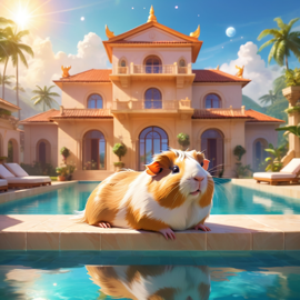 peruvian guinea pig suntanning next to a luxurious villa pool, capturing a posh and magical moment.