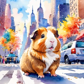 peruvian guinea pig in new york, rendered in a vibrant watercolor illustration, with a highly detailed and happy depiction.