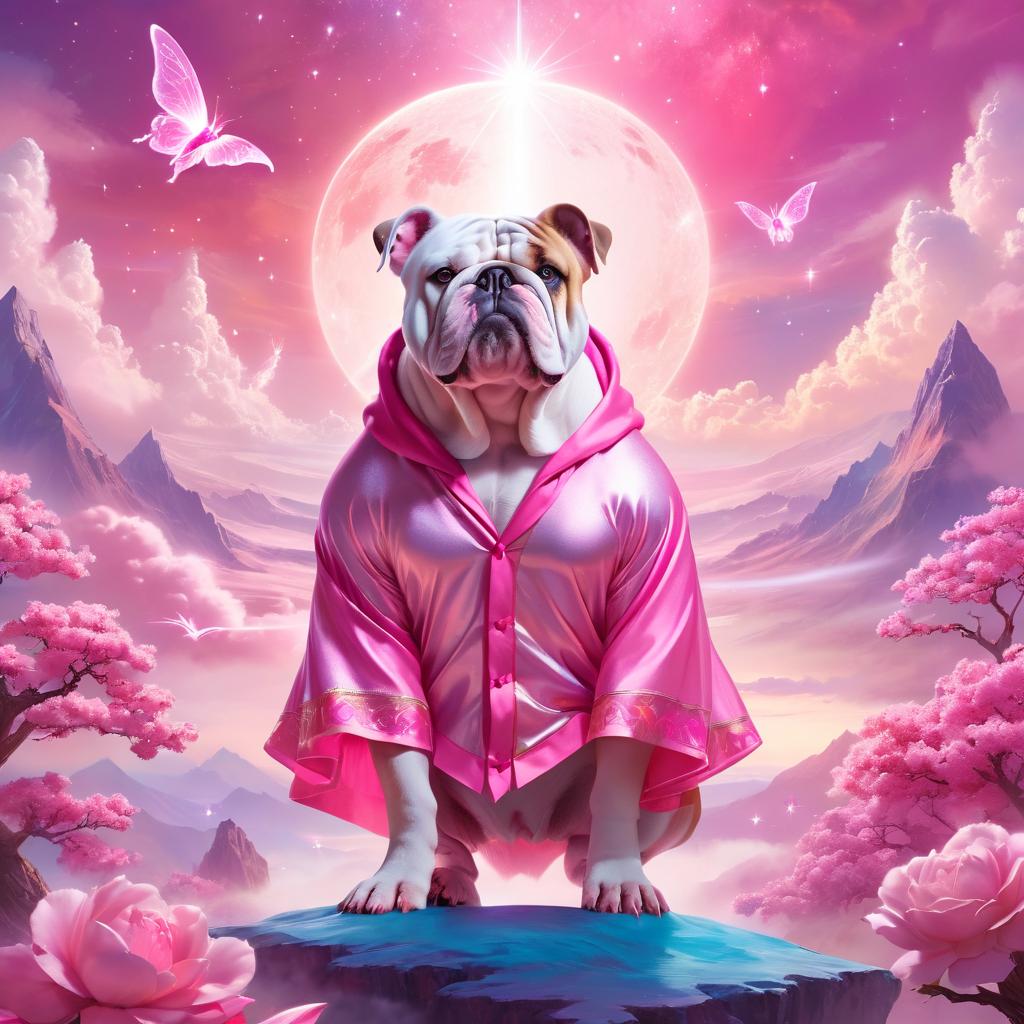 bulldog in pink clothing, set in a beautiful pink scene with a dreamy, magical vibe.