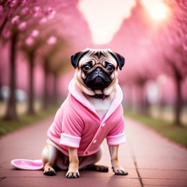 pug dressed in pink clothing, in a beautiful pink scene, radiating joy and cuteness.