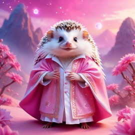 african pygmy hedgehog in pink clothing, set in a beautiful pink scene with a dreamy, magical vibe.