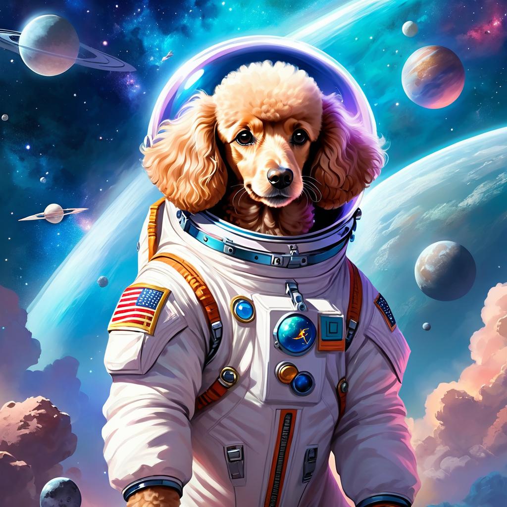 poodle as astronaut in space, ethereal and magical style, wearing spacesuit.