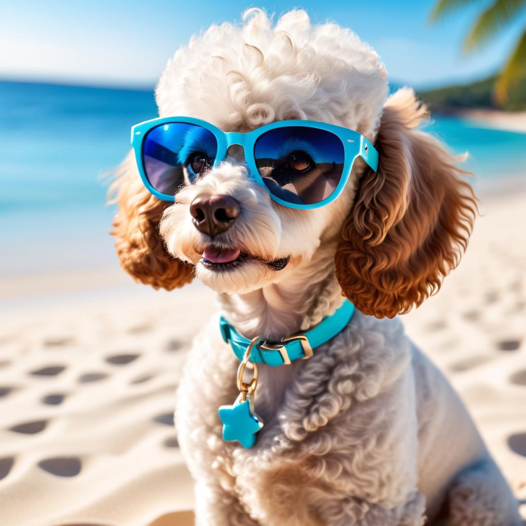 poodle on a beautiful beach with white sand and blue sea, wearing sunglasses.