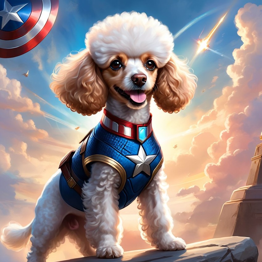 poodle as captain america from avengers, ethereal and magical.