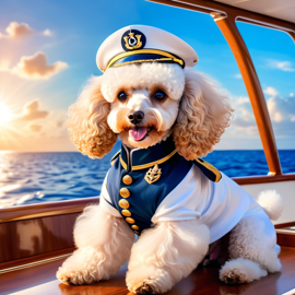 poodle as a captain on a luxury yacht, wearing captain uniform, ethereal and majestic.