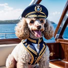 poodle as a captain on a luxury yacht, wearing captain uniform, highly detailed.