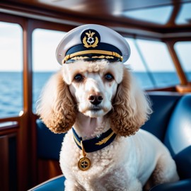 poodle as a captain on a luxury yacht, wearing captain uniform, against a blue sea.