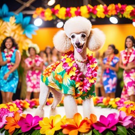 poodle strutting down the fashion show catwalk stage in a vibrant hawaiian shirt and a floral lei, high energy and joyful.