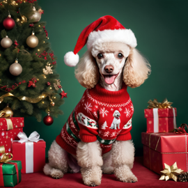 poodle in a christmas sweater and santa hat, lifelike and festive.