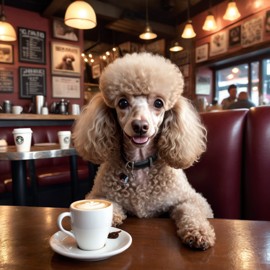 poodle sitting in a cozy coffee shop, lifelike and detailed.