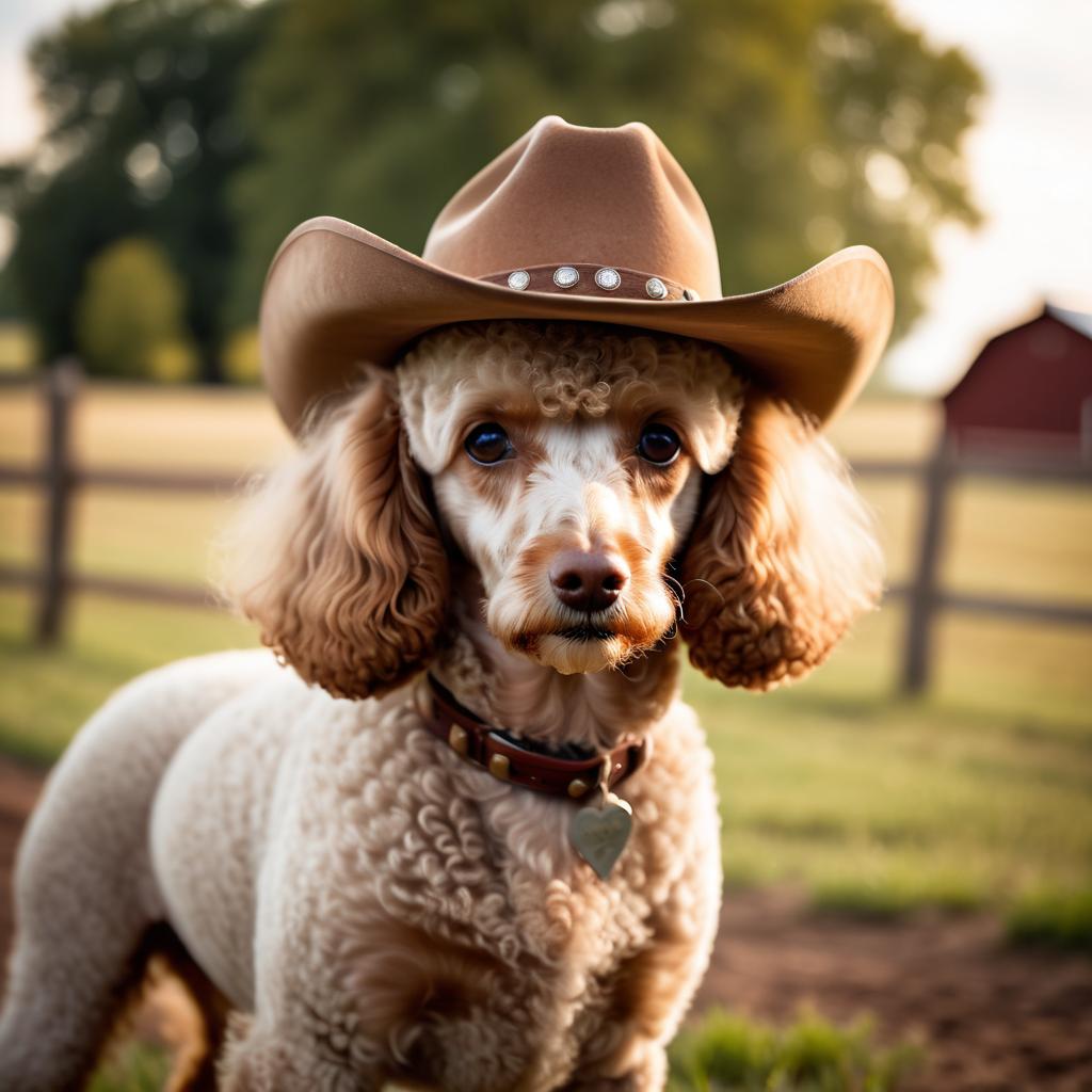 poodle as a cowboy wearing a hat, in the midwest countryside, on a farm.