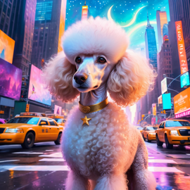 poodle in new york depicted in ethereal fantasy art, with a magical and celestial backdrop.