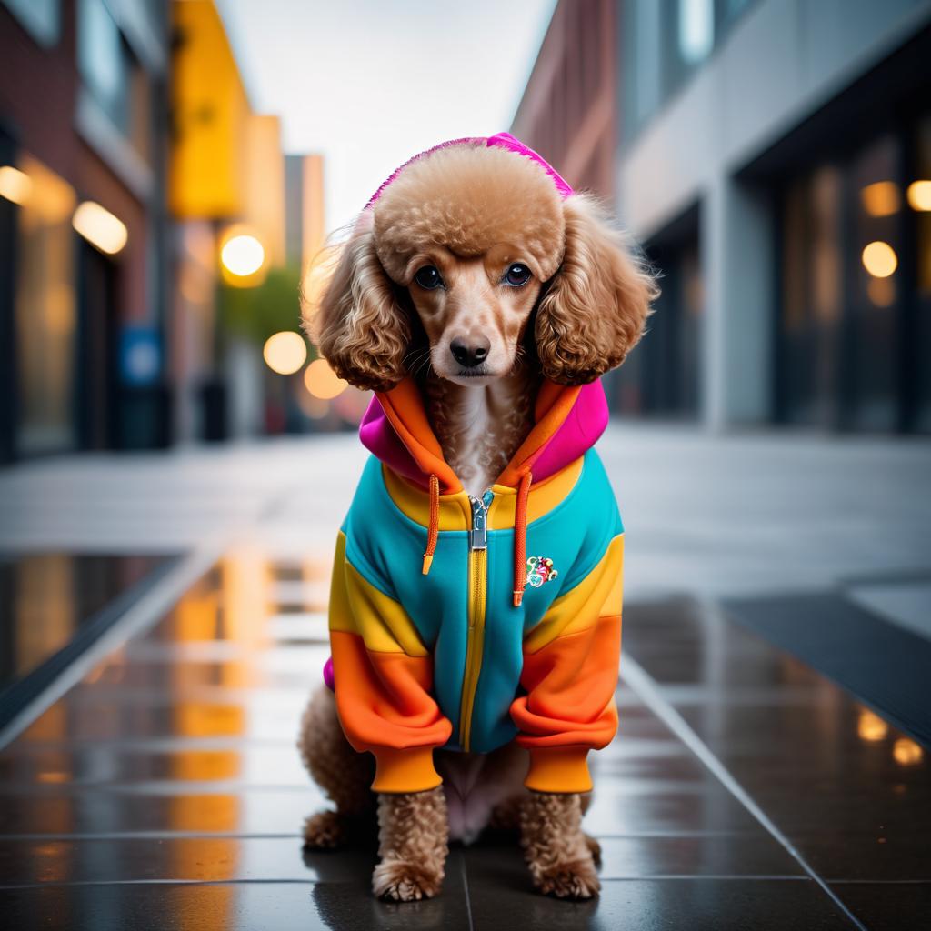 poodle in a colorful hoodie, set in a modern urban environment with a stylish and trendy vibe.