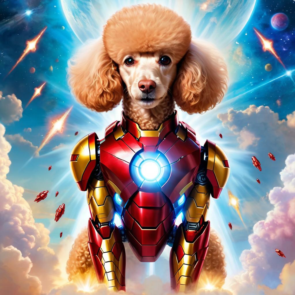 poodle as iron man, showcasing a celestial, painterly style with a magical iron man costume.