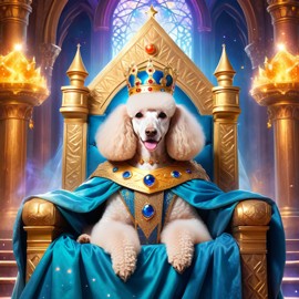 ethereal fantasy art of poodle as a king in a magical castle, wearing a crown and robe with a majestic, painterly style.