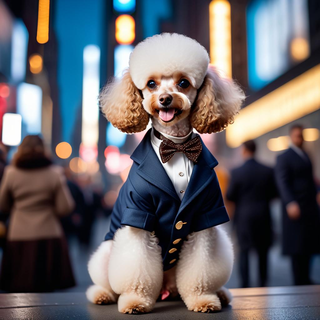 poodle in new york, dressed in classy clothing, against an iconic nyc backdrop with a cinematic, high-detail style.